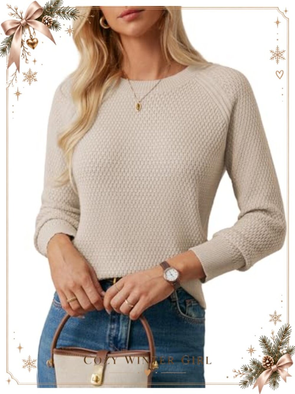 Wool Blend Waffle-Knit Crewneck Pullover Sweater